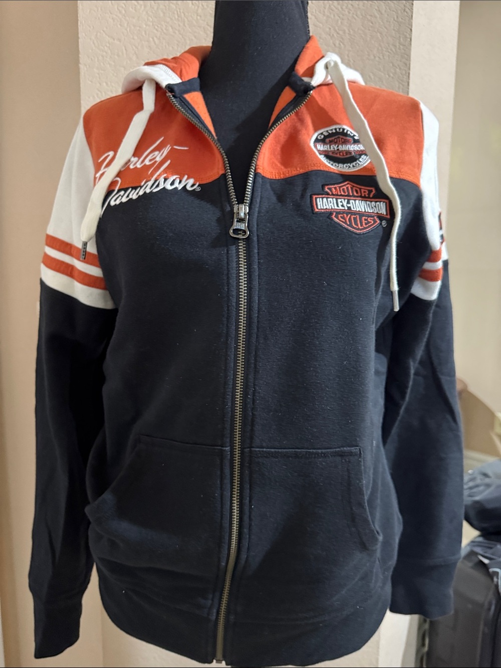 Harley-Davidson Black & Orange Zip-Front Hoodie with White Accents